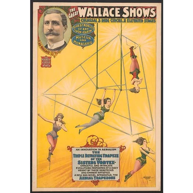The great Wallace shows An innovation in aerialism, the triple revolving trapeze of the Sisters Vortex. Courier Litho....