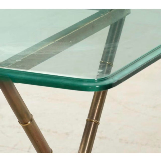 Mid-Century Modern Vintage Hollywood Regency Faux Bamboo Console Brass Metal Table With Glass Top and X Base For Sale - Image 3 of 5