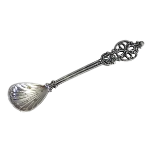 1940s Filigree Condiment Spoon, Ornate Shell Demitasse Spoon