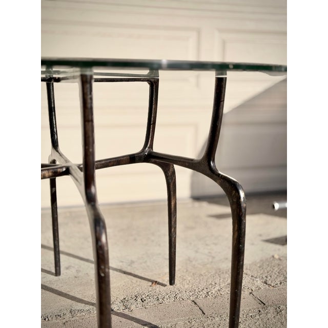 Sculptural Antique Bronzed Iron Legs Round 48” Glass Top Cyrano Dining Table by Made Goods For Sale In Los Angeles - Image 6 of 11