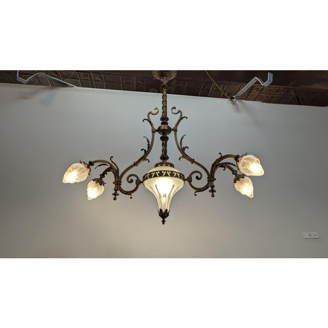 Antique French Brass & Glass Art Nouveau Chandelier For Sale - Image 11 of 12