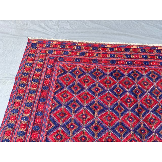 Red Mushwani Red and Blue Andkhoy Hand-Knotted Wool Rug - 6'4" X 9'11" For Sale - Image 8 of 11