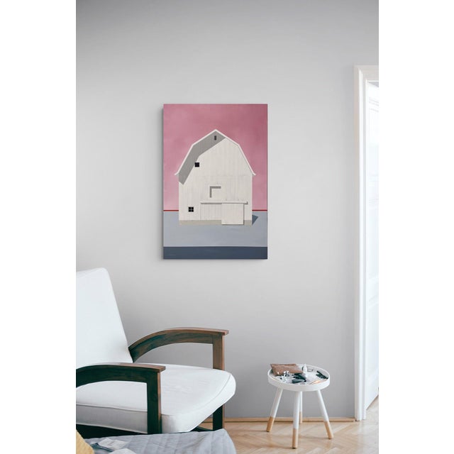 2020s Something Special by Justin Wheatley | Acrylic on Canvas White Barn With Pink Sky For Sale - Image 5 of 8