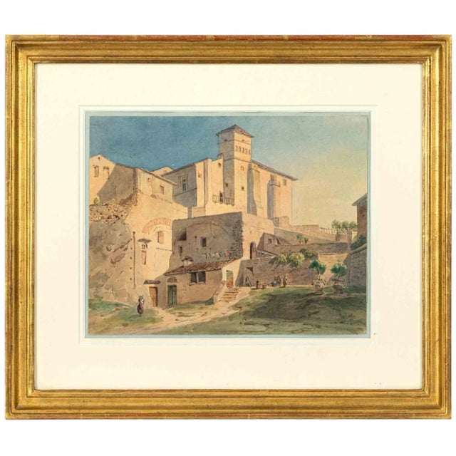 Unknown, Ancient Roman Farm Estate, Original Ink & Watercolor, 1840s For Sale - Image 4 of 4