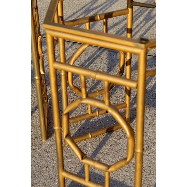 Vintage Hollywood Regency Gold Gilt Metal Chinoiserie Side Tables – Pair For Sale - Image 12 of 15