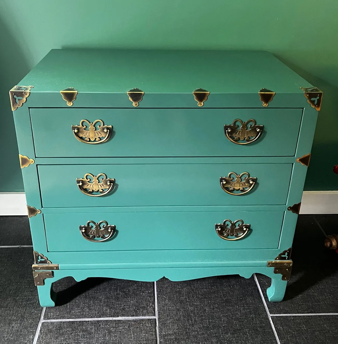 Green Lacquer Henredon Asian Tansu Campaign Style Chest | Chairish