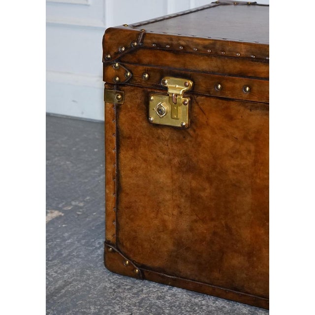 Vintage Hand-Dyed Brown Leather Lockable Storage Steamer Trunk For Sale - Image 15 of 18