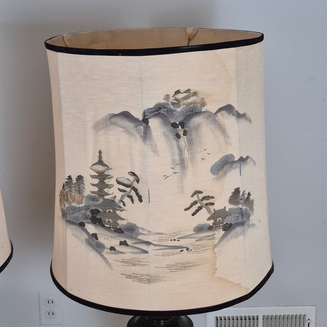 Mid-20th Century Signed Japanese Oversized Etched Bronze Table Lamps W/ Original Hand Painted Shades, a Pair For Sale - Image 4 of 13