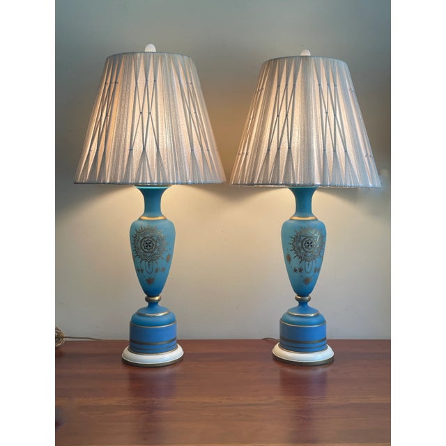 Blue Vintage French Opaline Blue & Gold Gilt Glass Table Lamps - a Pair For Sale - Image 8 of 13