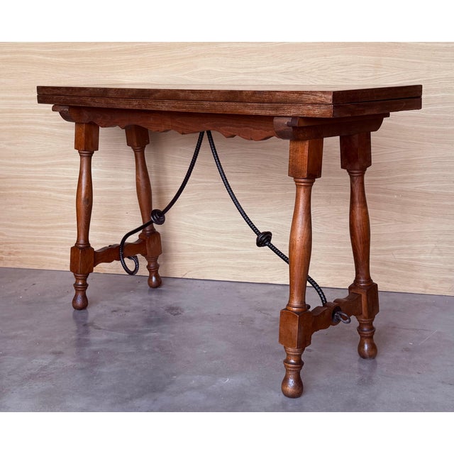 Brown 20th Century Spanish Console Fold Out Farm Table with Wood Stretcher For Sale - Image 8 of 18