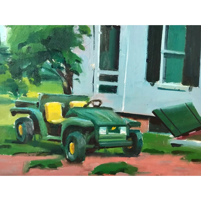 This is an original, signed and dated, oil painting of a green tractor in front of the white, big house, painted on...