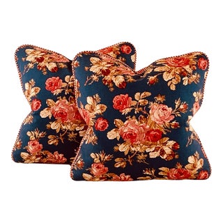 Designer P Kaufmann Waverly Blue Green Pink Red Cabbage Rose Floral Bouquet Pillow Covers- Pair For Sale