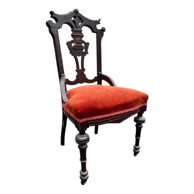 Antique Victorian Carved Wood Side Chair With Red Upholstery For Sale