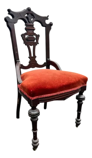 Antique Victorian Carved Wood Side Chair With Red Upholstery
