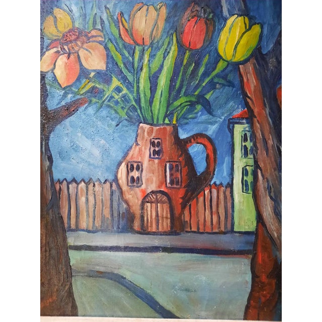 Folk Art David Burliuk Signed Expressionist Oil Painting, Floral Still Life With House-Vase For Sale - Image 3 of 5