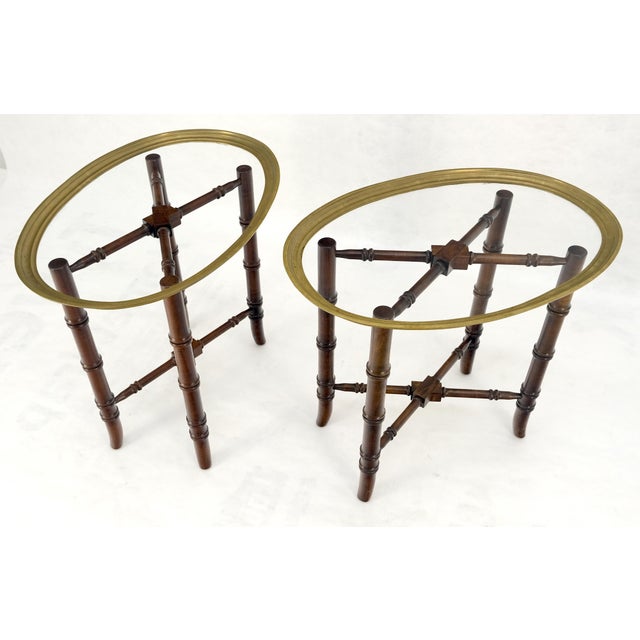 Baker Furniture Company Pair Oval Brass Gallery Glass Top Faux Bamboo Bases End Side Tables Stands MINT For Sale - Image 4 of 16