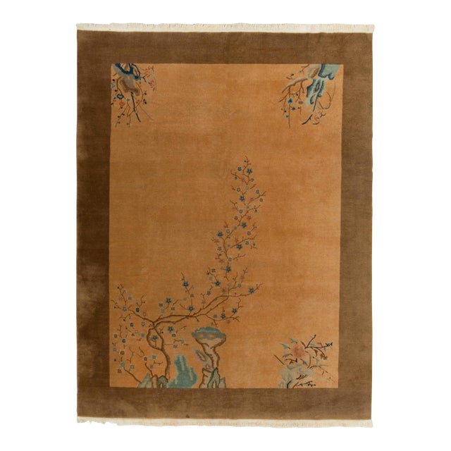 1920s Antique Chinese Art Deco Rug in Gold, Beige-Brown & Blue Floral Patterns For Sale