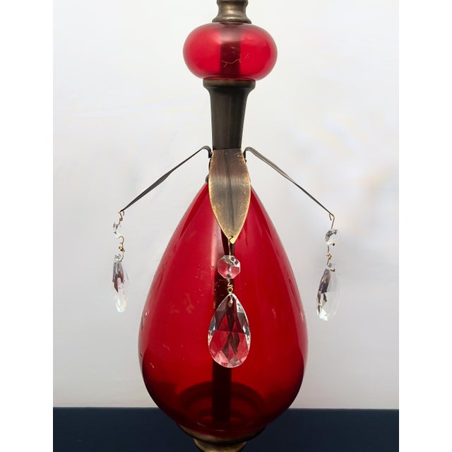 Mid 20th Century Mid-Century Modern Ruby Red Glass Lamp With Gilt Brass and Crystal Prisms For Sale - Image 5 of 9