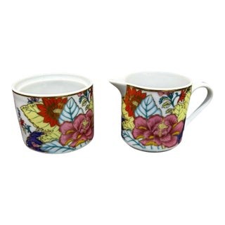 Late 20th Century Imperial Leaf Tobacco Leaf Porcelain Creamer Open Sugar Bowl Floral Gold Trim For Sale
