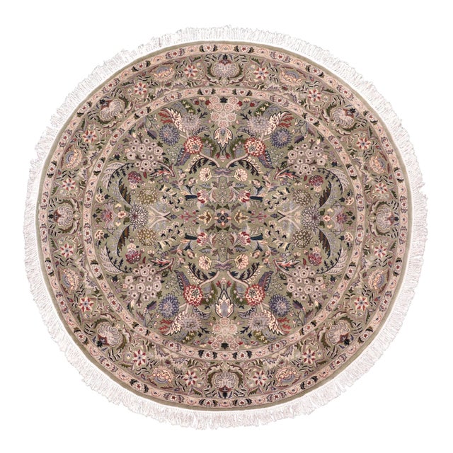 Shabby Chic 1990's Botanical Pak-Persian Green/Grey Wool Round Rug- 5'11'' X 5'11'' For Sale
