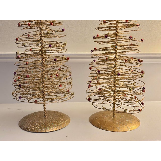 Traditional Vintage Gold Wire Beaded Christmas Trees – Set of 2 (20” Each) For Sale - Image 3 of 11