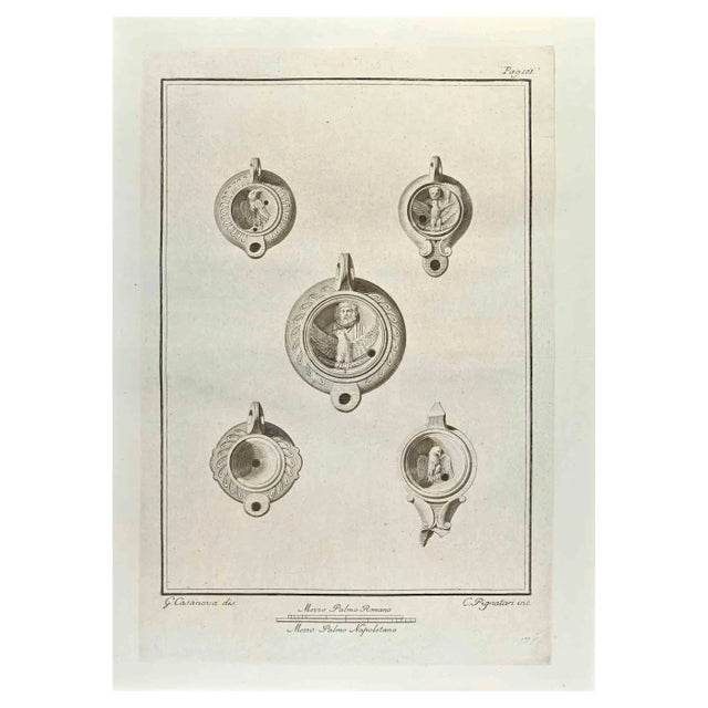 Carlo Pignatari, Jupiter and Sacred Eagle on Oil Lamp, Etching, 18th Century For Sale