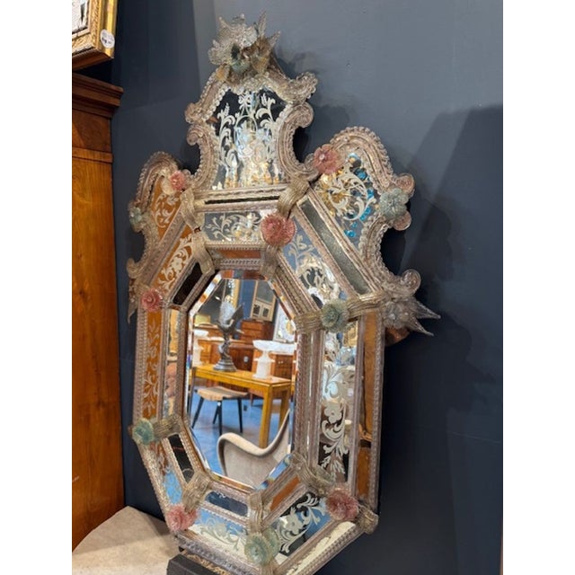 The Antique Italian Etched Venetian Mirror with Pink Flowers is a stunning piece of home décor that adds a touch of...