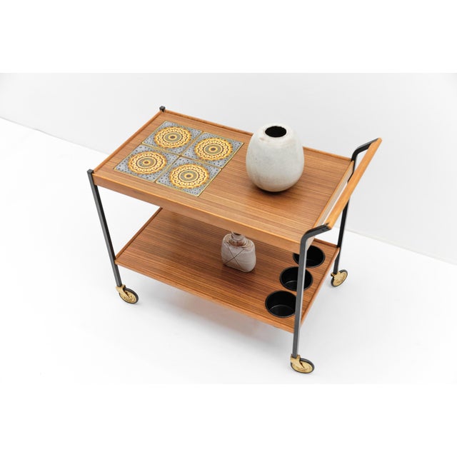 Wood Vintage Walnut and Ceramic Serving Trolley, 1960s For Sale - Image 7 of 12