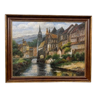 20th Century C. Giliano Parisian River Cityscape Framed Oil Painting For Sale