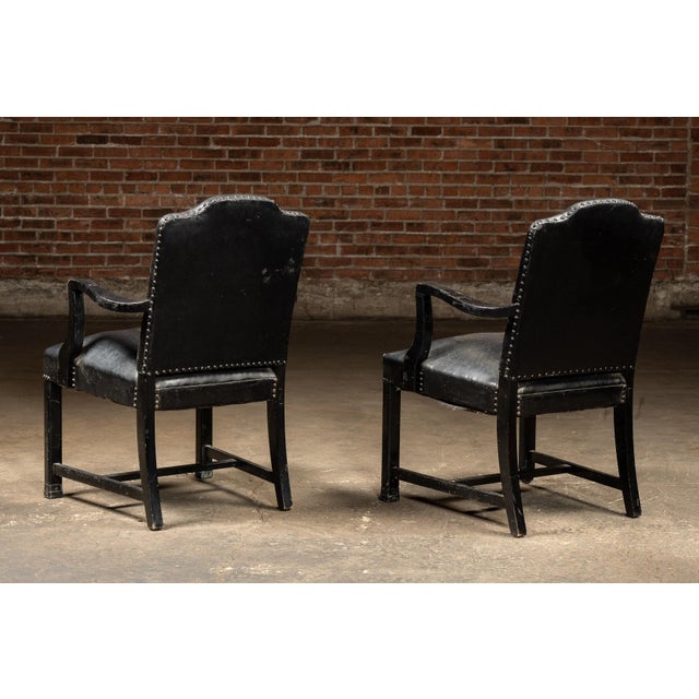 Early 20th Century Pair of Black Leather Revival Armchairs With Nailhead Trim For Sale - Image 5 of 12