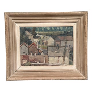 Landscape with Geometric Houses, 1950s, Oil on Panel, Framed For Sale