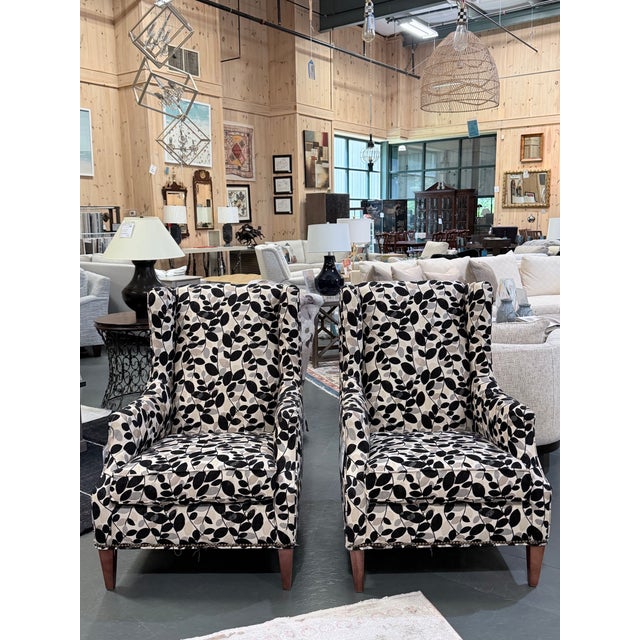 Sam Moore Upholstered Wingback Lounge Chair in Botanical Leaf Fabric For Sale - Image 10 of 11