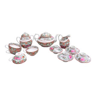 Vintage Chinese Export Famille Rose Medallion Canton Porcelain Tea Service | 11 Piece Hand-Painted Teapot Set With Cups, Creamer & Covered Bowls For Sale