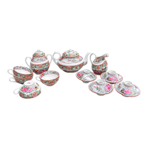 Vintage Chinese Export Rose Medallion Canton Porcelain Tea Service | 11 Piece Hand-Painted Teapot Set With Cups, Creamer & Covered Bowls