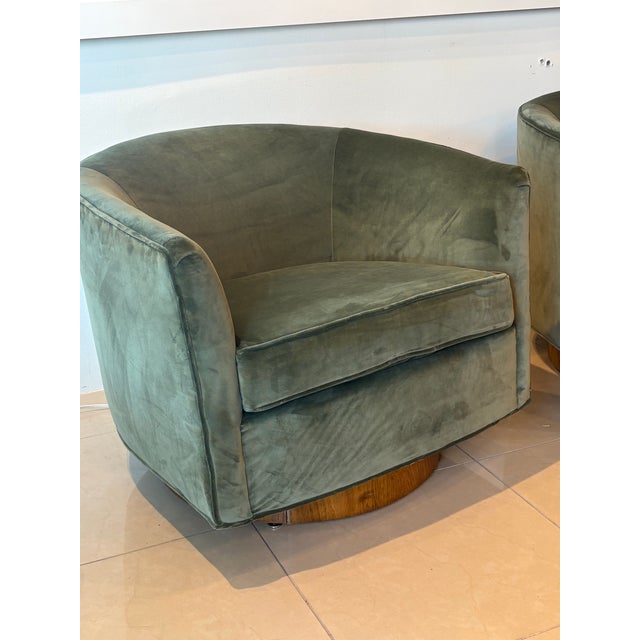 Vintage Pair Milo Baughman for Thayer Coggin Walnut & Green Velvet Swivel Chairs For Sale - Image 9 of 12