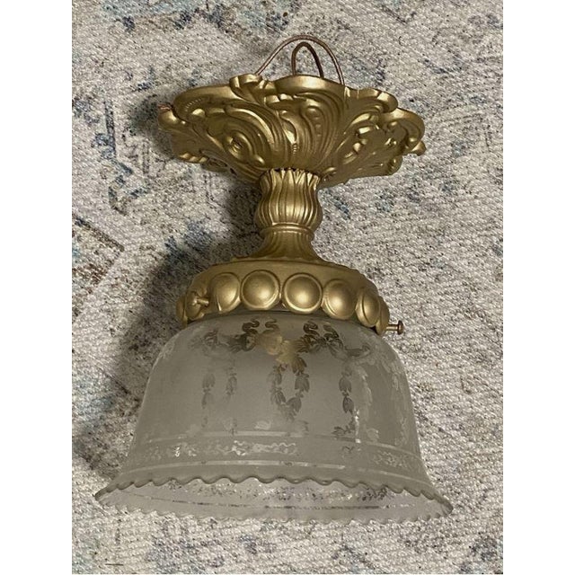 Vintage Victorian Style Brass Celling Light Flush Mount With Etched Shade For Sale In Pittsburgh - Image 6 of 8
