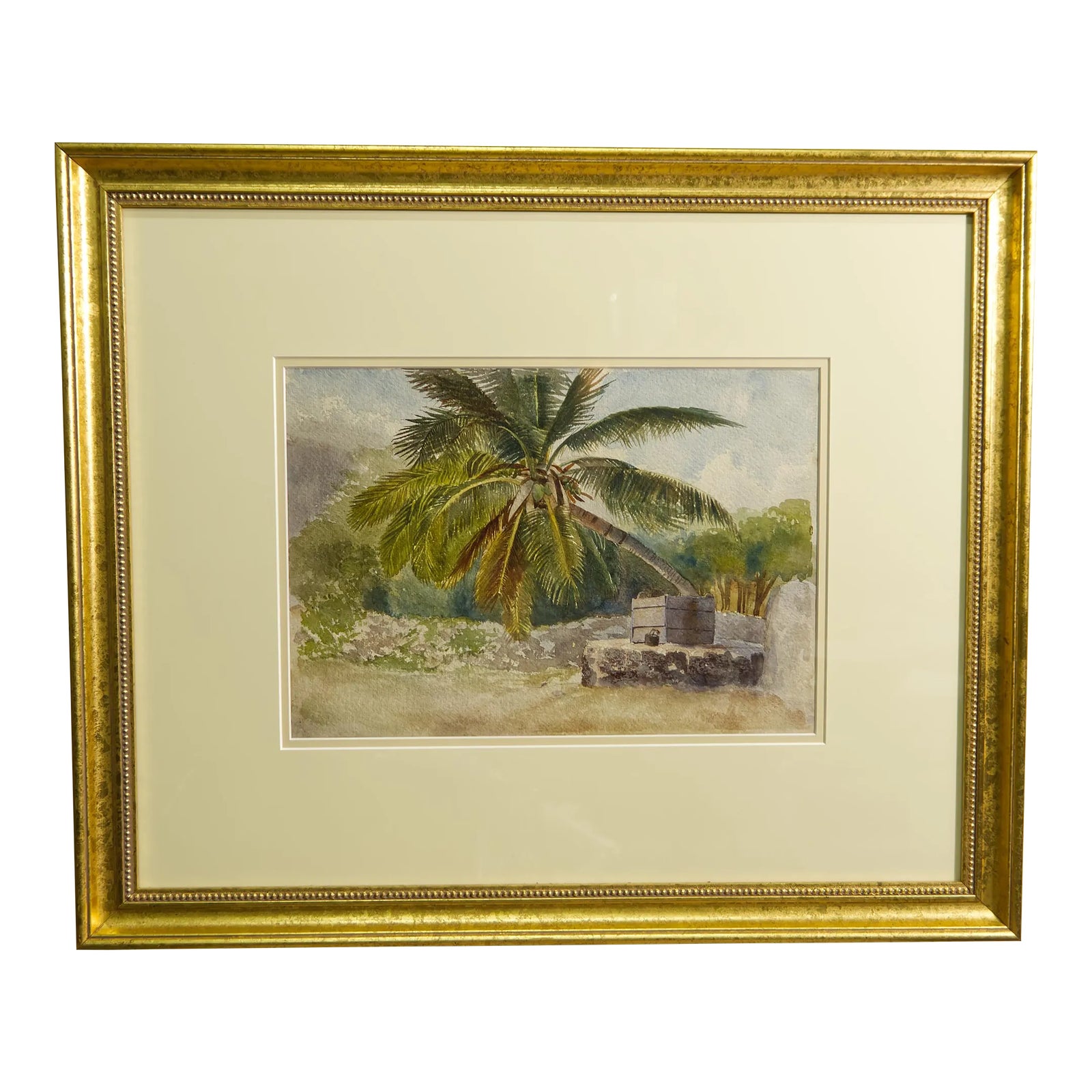 Gilt Framed Antique Watercolor Painting of Tropical Scene | Chairish