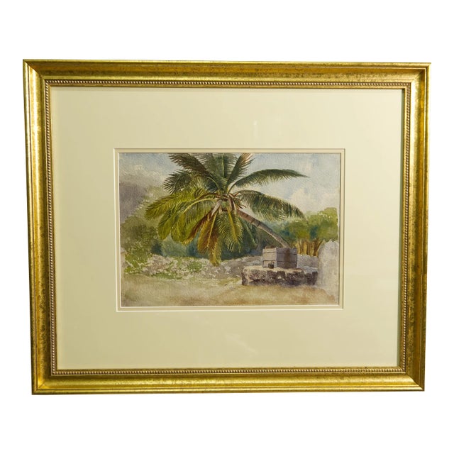 Gilt Framed Antique Watercolor Painting of Tropical Scene For Sale