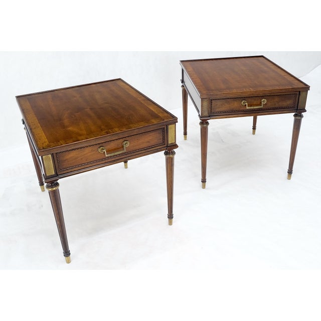 Pair Banded Top Fluted Tapered Legs One Drawer Low Profile End Tables Stands For Sale - Image 10 of 14