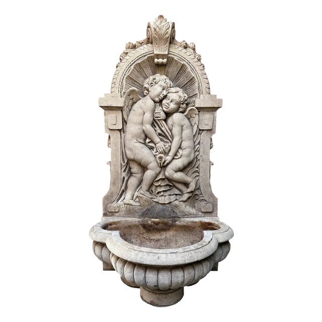 Italian Carved Limestone Wall Fountain For Sale
