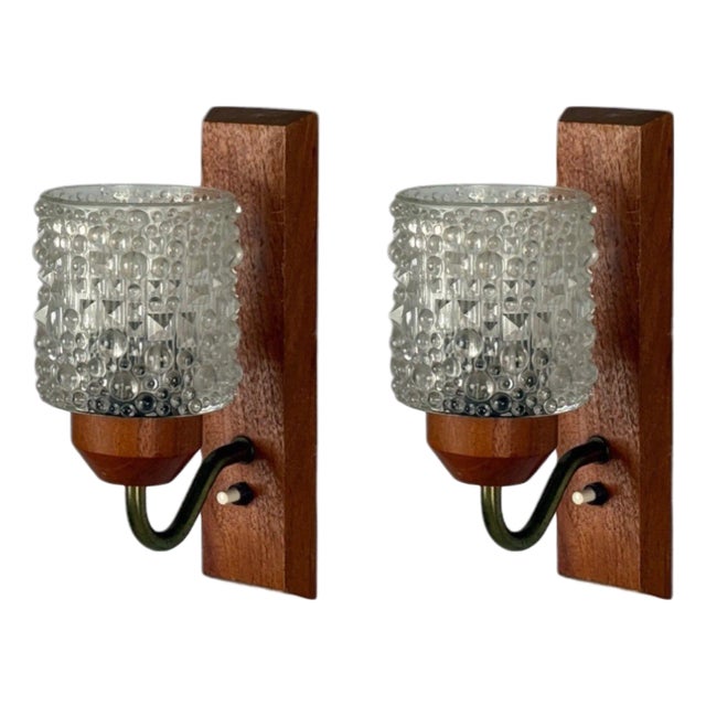Danish Modern, Teak, Brass, Glass, Wall Lights, Denmark, 1960s For Sale