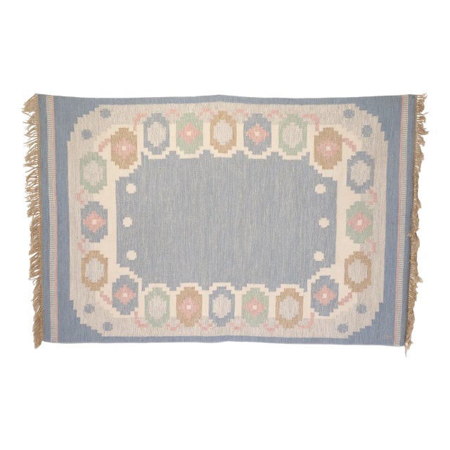 Mid-Century Swedish Kilim in Pale Blue Tones, 1960 For Sale
