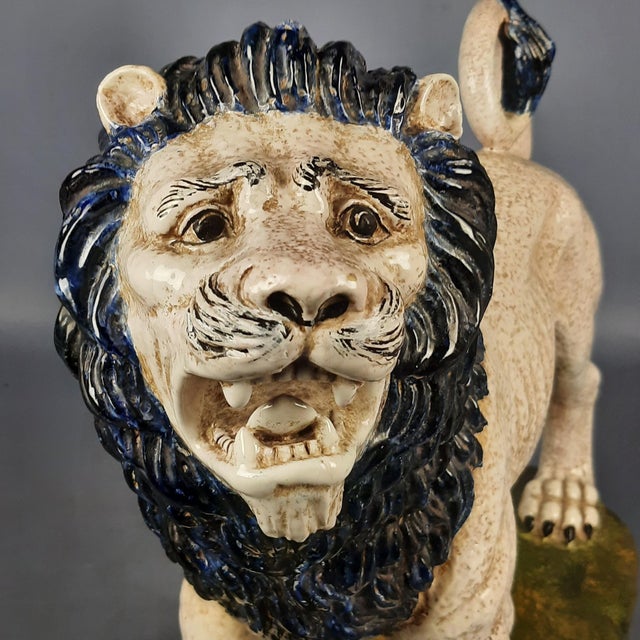 Ceramic Large Majolica Roaring Lion Sculpture, Italy, 20th Century For Sale - Image 7 of 13