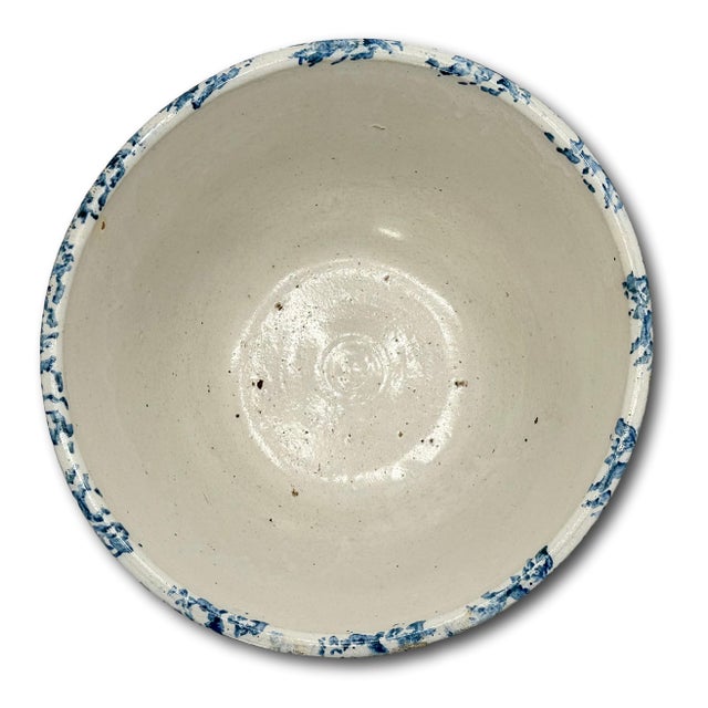 Ceramic Beautiful Large 12 Inch Size Antique American Blue Spongeware Decorated Stoneware Kitchen Mixing Bowl - 1890s For Sale - Image 7 of 18