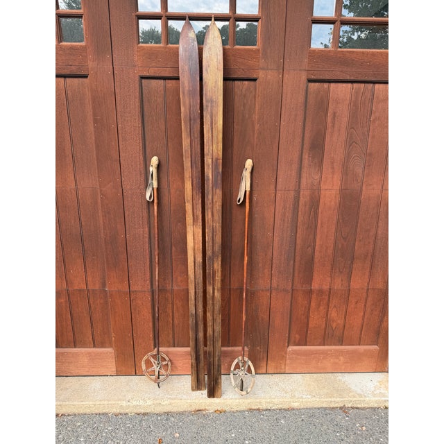 Wood Antique Wooden Skis With Original Bamboo Ski Poles – Early 20th Century Nordic Ski Set – Rustic Ski Lodge & Cabin Wall Decor For Sale - Image 7 of 18