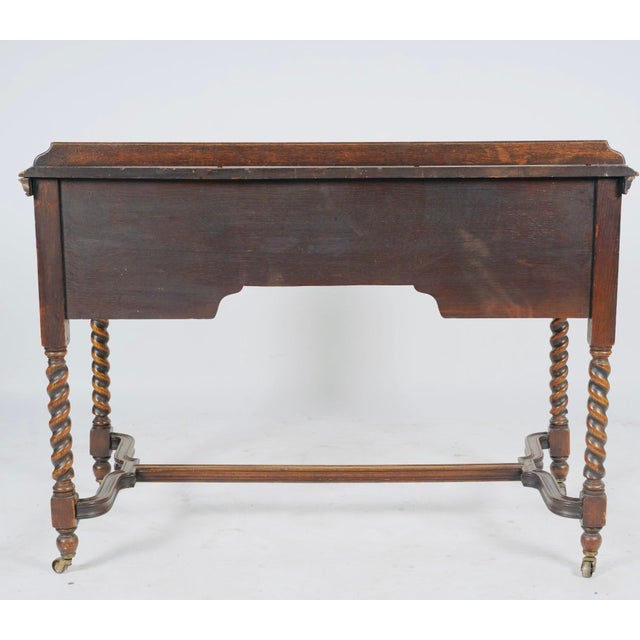 Wood Antique Barley-Twist Oak Writing Desk With Burgundy Leather Top, Jacobean Revival Circa 1890 For Sale - Image 7 of 8