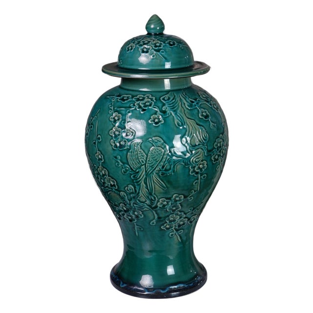 Hand-Painted Carved Lidded Vase in Emerald Celadon by Pottery 12, Hanoi Studio Art Ceramic For Sale