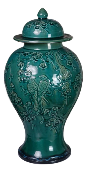 Hand-Painted Carved Lidded Vase in Emerald Celadon by Pottery 12, Hanoi Studio Art Ceramic