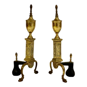 Set of 2 Antique Brass Fireplace Andirons by Bennett