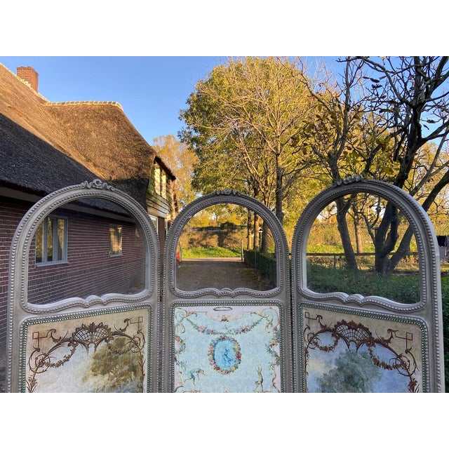 1960s French Louis XVI Gray Beech Room Divider Screen - 3 Panels For Sale - Image 13 of 17